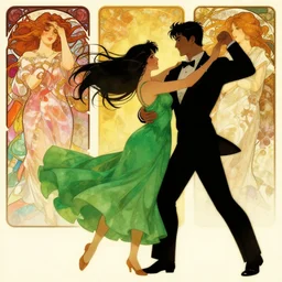silhoutee of young woman in green dress dancing with tuxedo man, flowing black hair, beautiful faces, colorful, excelent composition, wide shot, by yoshitaka amano, by ellen jewett, by greg rutkowski, by alphonse mucha by jeremyg lipkinng, by rhads, by ross tran, artstation, octane render