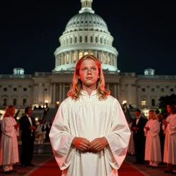 6 0 year old linus roache with long blond hair, wearing a white cult robe, red lighting, cult meeting, capitol building background, nighttime, cinestill 8 0 0 t, 1 9 8 0 s movie still, film grain