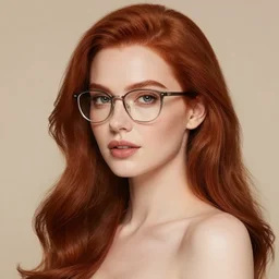 glamour portrait of a gorgeous redheaded woman with glasses, warm studio lighting
