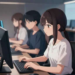 anime girls using a computer, pixiv