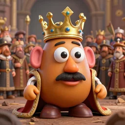 the potato king appears before the large crowd of his subjects in all his glory wearing his crown, concept art, blender, glossy googly eyes, realistic dirt.