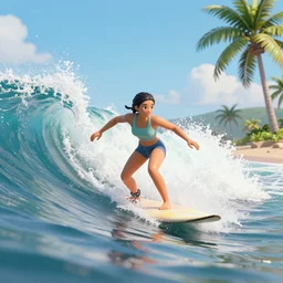 girl wave surfing on surfboard ocean beach wave palm tree, 3 d render octane unreal 5, detail, high res, fluid dynamics, in game
