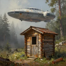 a wood outhouse with a spaceship hovering above it, finnish forest, rust, hyperrealistic, highly detailed, cinematic, single ray of sun, fog, beautiful, cgssociety, artstation, 8 k, oil painting
