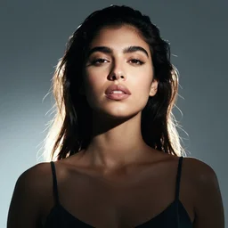 studio photo of a young mexican woman with bushy eyebrows, thick lips, looking at the camera, wearing a camisole, low contrast, octane, arney freytag, vogue, backlit, rim lighting, 8k