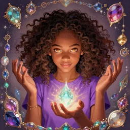 [ hazel levesque ] a dark skinned [ fourteen year old ] black girl with curly brown hair and amber eyes, a powerful sorceress using her magic, surrounded by jewels, adorable yet incredibly powerful and awe inspiring, modern, wearing a [ purple t - shirt ], art by artgerm and greg rutkowski and alphonse mucha