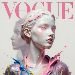 3 d, marble head of fashion model with liquid white and pink metal, vogue cover style, paint splatters, blue and yellow and red paint splashes, paint drops whirling in the air, 3 d poster art, high detail, 3 d intricate oil painting, multiple exposure, stanley kubrick mood, hyperrealism, 3 d, by tooth wu and wlop and beeple and greg