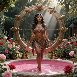 a voluptuous voodoo priestess with dreadlocks and a steampunk stargate in a rose garden with a pink reflective pool, photo, fujifilm