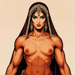portrait of muscular indian vampiress, jeweled veil, strong line, saturated color, beautiful! coherent! by frank frazetta, high contrast, minimalism