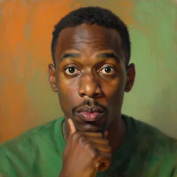 portrait of a black man who stares intently, very thoughtful, yet playful, sugary, highly detailed oil painting, by francis bacon, edward hopper, adrian ghenie, glenn brown, soft light 4 k, orange and green color palette, cinematic composition, cinematic lighting, high - quality octane render, masterpiece