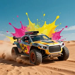 mad max style car driving in the desert by josan gonzalez splash art graphic design color splash high contrasting art, fantasy, highly detailed, art by greg rutkowski