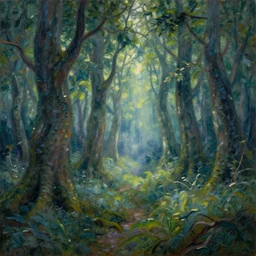 A Vincent van Gogh oil painting of a hauntingly beautiful elven forest in the morning; rays of light coming through the canopy; trending on artstation; extraordinary masterpiece!!!!!!; 8k