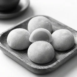 realistic photo of japanese mochi candies sweets, black and white, on a square wooden plate 1 9 9 0, life magazine photo