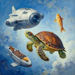 an epic chris foss painting of a turtle spaceship and a carp spaceship.
