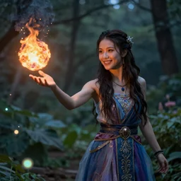 female portrait, smiling hapa sorceress chasing will-o-wisps casting a fireball in a garden, by Ilya Kuvshinov