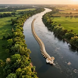 wide!!! landscape photo of river that follows the distinct shape of a human spinal column!!, drone photo, medium format, golden hour, lush green vegetation,