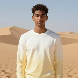 full figure dark skin young man, luminous scene, by greg rutkowski and alphonse mucha, d & d character, gradient white to gold, in front of a dune desert background, highly detailed portrait, digital painting, artstation, concept art, smooth, sharp focus illustration, artstation hq