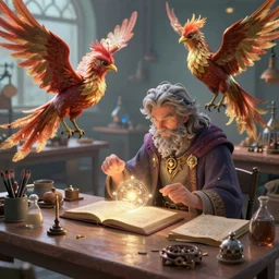 a wizard in a magical research workshop with a phoenix perching nearby and looking on curiously, spellbooks and materials on tables, wizard studying magic, soft lighting, digital art trending on artstation