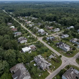 aerial drone photograph of an abandoned middle class neighbourhood, post - apocalyptic, michigan, forest