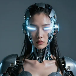 portrait photo of female dancer as a cyberpunk mecha humanoid robotic head shoulder parts with straight bright led lights, elecrronics over face, wet skin with water dripping down face, ultra - realistic and detailed, 8 k