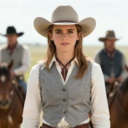 emma watson as a cowboy in a western movie directed by sergio leone, promotional image, detailed face, movie still frame, letterboxed, techniscope 3 5 mm film
