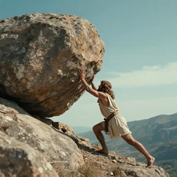 a greek god pushing a giant rock up a massive mountain, greek mythology, cinestill, cinematic, synthwave, cinematic, octane, unreal engine