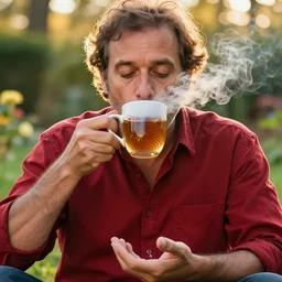 mr robert is drinking fresh tea, smoke pot and meditate in a garden from spiral mug, detailed glad face, power arms, golden hour closeup photo, red elegant shirt, eyes wide open, ymmm and that smell