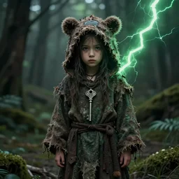 character and environment design, portrait 2 0 - year - old dark fantasy female druid, tattered bear hood and robe, key shot, green lightning, zeiss 3 5 mm photography