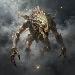 ultra realist soft painting of a single eldrich gigantic creature, floating in the depth of space, very intricate details, dense  fog, golden ratio, volumetric cinematic lighting, reflections, refractions, symmetry accurate anatomy features, omnious background, unreal render