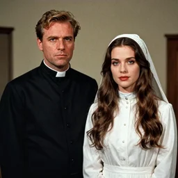 7 0 s film still from a horror movie about a priest and a beautiful woman, kodachrome, cinecolor, cinestill, film grain, film texture, retro, cinematic, high resolution, photorealism,