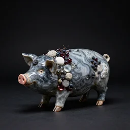 a pig and berry sculpture, obsidian and glass and pumice and japanese glazed pottery, black background, empty space, dramatic lighting,