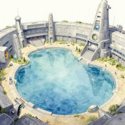 koi pond in a space fortress. this watercolor painting by the award - winning concept artist has cinematic lighting, an interesting color scheme and intricate details.