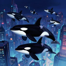 highly detailed illustration of a pod of orcas flying over a cyberpunk city at night by kilian eng, moebius, nico delort, oliver vernon, joseph moncada, damon soule, manabu ikeda, 4 k resolution