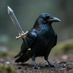 portrait of small bipedal fantasy realistic raven!! holding carrying alien fantasy sword, cinematic, portrait, macro, from the new science fiction movie, 8 k, f 1. 8!!!