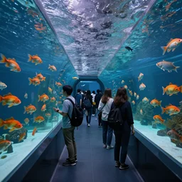 people observing lots of beautiful fish in an underground aquarium corridor, in the style of andreas hoher, fantasy art, ray tracing, water droplets, highly detailed, artstation trend, highly detailed and intricate, sharp focus, photography, unreal engine 5