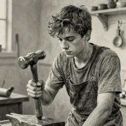 film still of youthful charlie day, working as blacksmith, pencil sketch, greyscale, detailed face, holding hammer, style of blvnk