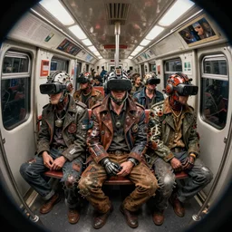 junky men's in subway train, cybertronic gadgets and vr helmet, durty colours, micro technology, rotten textures, rusty shapes, biotechnology, bao phan, tim hildebrandt, wayne barlow, bruce pennington, donato giancola, larry elmore, oil on canvas, fisheye objective, mid shot, masterpiece, trending on artstation, featured on pixiv, cinematic composition, hyper - detailed, hd, hdr, 4 k, 8 k