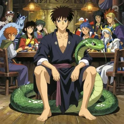 an anime with a serpent tailed man with a serpent tail and no legs seated in an old crowded and lively tavern full of fantasy spirits and heroes, art by yuji ikehata and satoshi kon, background art by miyazaki, realism, proper human male proportions, fully clothed, dungeons and dragons