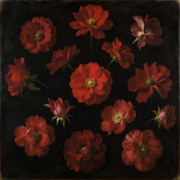 oil painting of many various red flowers on a dark background, painted by Sandro Botticelli, the flowers are floating and are seen from the side, dark atmosphere, realistic flowers oil painting
