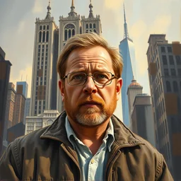 portrait of alex jones beside the old wtc towers, an oil painting by ross tran and thomas kincade