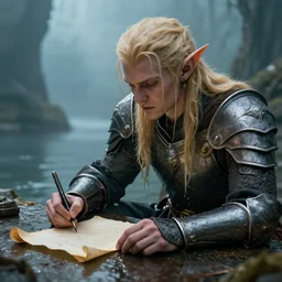 sea elf, armored human dripping with water, to sign a piece of parchment, fantasy, realism
