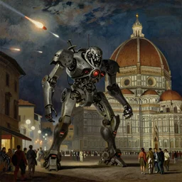 a huge mech attack with missiles people at piazzale michelangelo in firenze, night, street view, oil paint by william - adolphe bouguereau