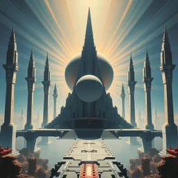 a futuristic temples with a giant sphere and bright sun rays symmetric oil painting trending on artstation high contrast and sharp