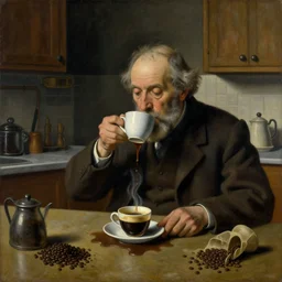a painting of a old dusty professor making a study of drinking 1 0 cups of coffee into a droste effect, dark monday mood in a kitchen that is slowly melting, styled and painted by rene magritte