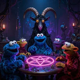 8k hyper realistic detailed image, swirl, unholy Cookie Monster rites in a coven of Muppets, Black Frank the goat and neon pentagram in the center of a table, rich deep colors, neon colors, caustic light, iridescent light, cinematic shot by Alfonso Cuaron, part by Gaspar Noe, part by Stanley Kubrick, ultra detailed