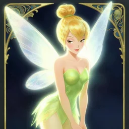 kiernan shipka as tinkerbell glowing, a beautiful art nouveau portrait by Gil elvgren and Hajime Sorayama, moonlit starry sky environment, centered composition, defined features, golden ratio, gold jewlery, photorealistic professionals lighting, cinematic, sheer