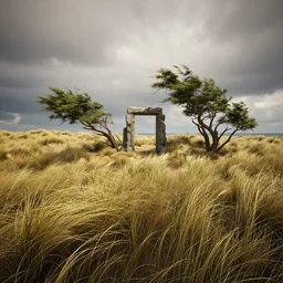 a beautiful render of windswept grass dunes, unreal engine, octane render, by greg rutkowski, cgsociety, northern sea, crooked wind bent trees, withered portal stone in center, dramatic clouds, volumetric lighting