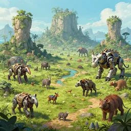 Highly Detailed digital illustration about the beauty of nature in a islandpunk world where all animals have been replaced by mechanical beasts. Trending on Artstation