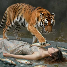 Tiger pouncing on a woman lying on a bed of fish, surrealism, abstract, hyper realistic, intricate details, soft lighting