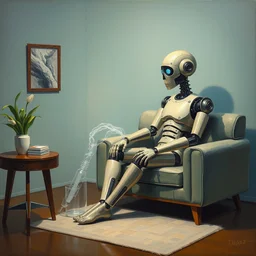 oil painting of a person on a therapy couch talking to a robot therapist