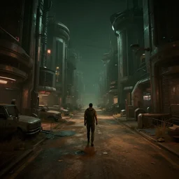 i took a walk down and all dusty road in the spaceship base colony town in the cyberpunk like dark and moody realistic 3 - d modelling volumetric lighting asymmetric design